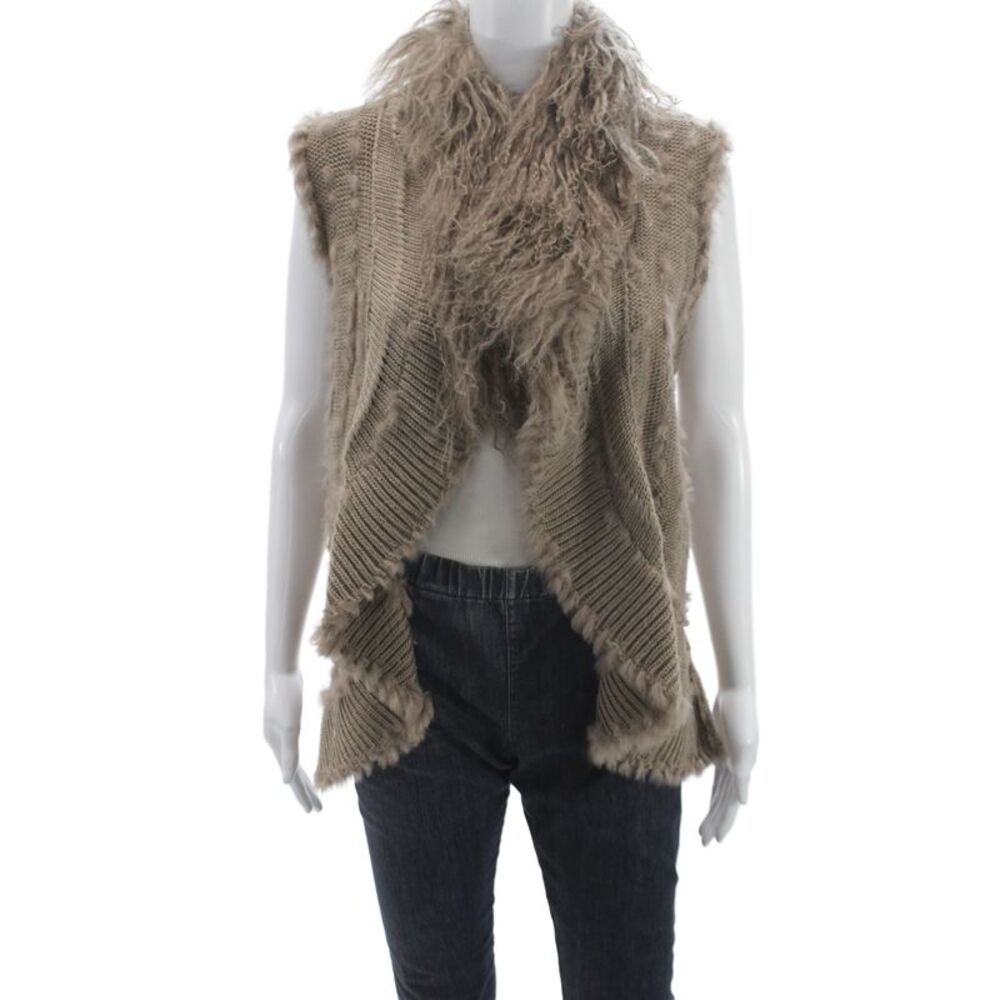 Designer Women Knit Cowl Neck Furry Wrap Sweater Sleeveless Beige Size M